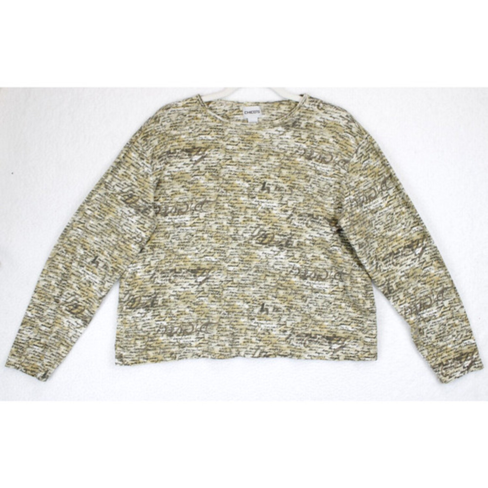 Chico's Size 2 Large Tan Graphic Long Sleeve Knit Top Positive Words Print